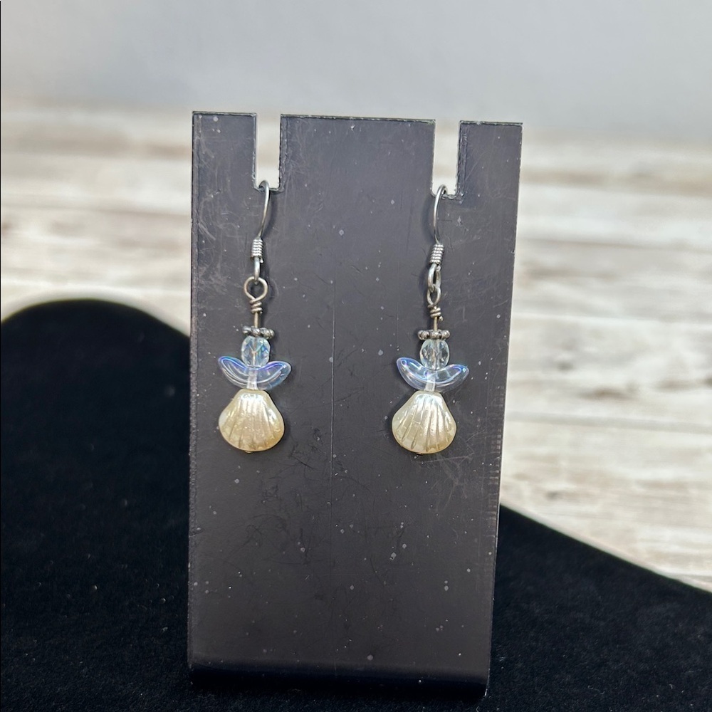 Elegant Shell and Iridescent Crystal Angel Earrings